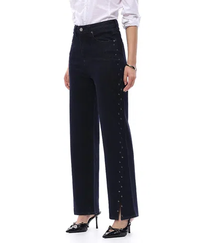 Bayeas High Rise Straight Leg Denim Jeans With Studded Detailing In Rinse Wash In Blue
