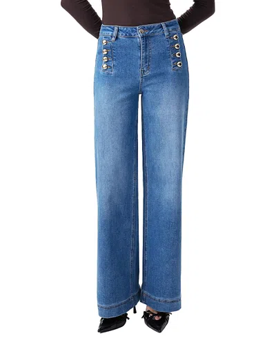 Bayeas High Rise Wide Leg Denim Jeans With Gold Dome Buttons In Ultraman Wash In Blue