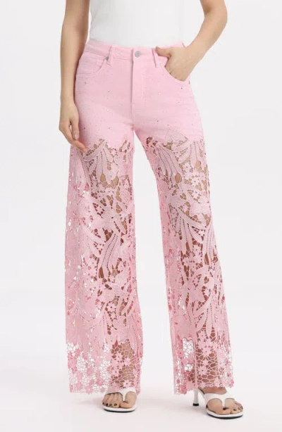 Bayeas High Waist Crystal Embellished Lace Wide Leg Jeans In Pink
