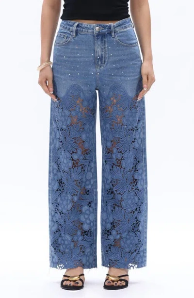 Bayeas High Waist Floral Embroidered Raw Hem Wide Leg Jeans In Blue