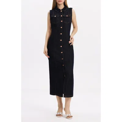Bayeas Julia Belted Sleeveless Denim Midi Dress In Blue