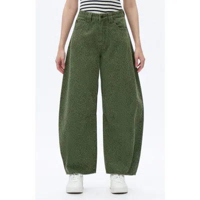 Bayeas Leopard Print High Waist Drop Crotch Barrel Jeans In Green