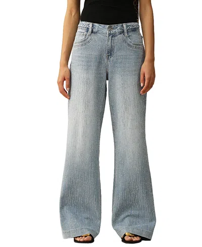 Bayeas Mid Rise Wide Leg Denim Jeans With Rhinestone In Light Blue In White