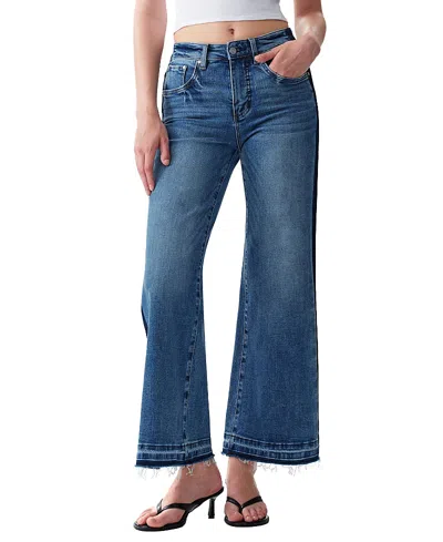 Bayeas Mid Rise Wide Leg Frayed Hem Denim Jeans With Two-tone Splice In Trappist-1e In Blue