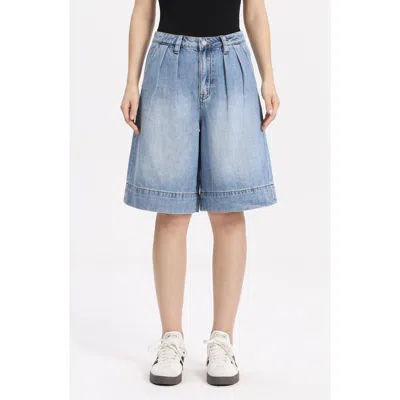 Bayeas Pleated High Waist Denim Bermuda Shorts In Blue