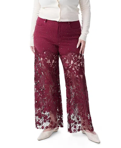 Bayeas Plus Embroidery High Rise Wide Leg Lace Jeans With Rhinestone In Wine In Brown