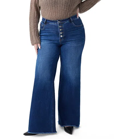 Bayeas Plus High Rise Wide Leg With Frayed Hem Denim Jeans In Mirror In Blue