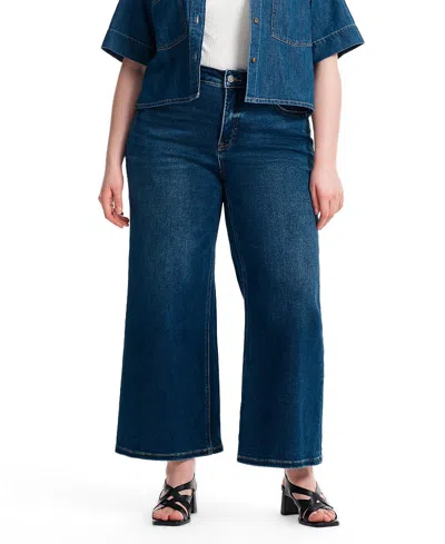 Bayeas Plus Mid Rise Wide Leg Jeans Highly Stretchy Classic Denim For Women In Dark Blue