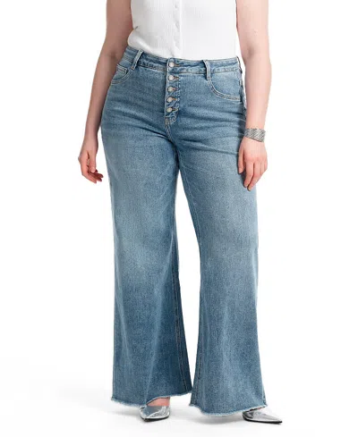 Bayeas Plus Mid Rise Wide Leg With Frayed Hem Denim Jeans In Light Blue