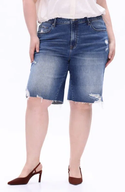 Bayeas Raw Hem High Waist Knee Length Denim Shorts In Blue