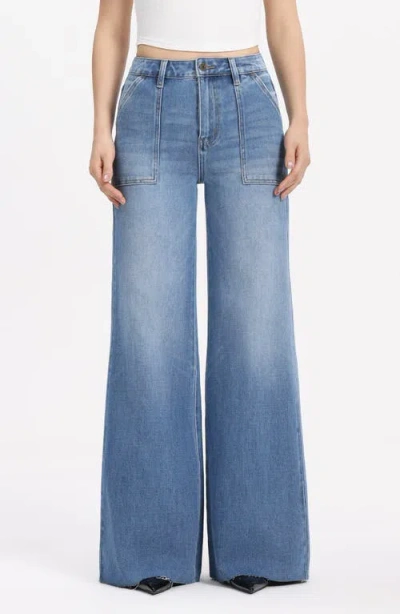 Bayeas Raw Hem High Waist Super Wide Leg Utility Jeans In Blue