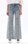 Bayeas Rhinestone High Waist Wide Leg Eyelet Jeans In Gray