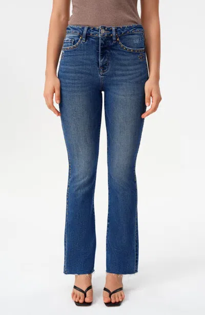 Bayeas Rivet Studded High Waist Raw Hem Bootcut Jeans In Blue