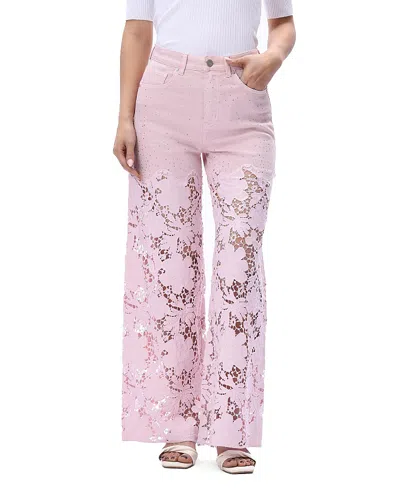 Bayeas Ultra High Rise Lace Patchwork Wide Leg Denim Jeans In Lavender Pink