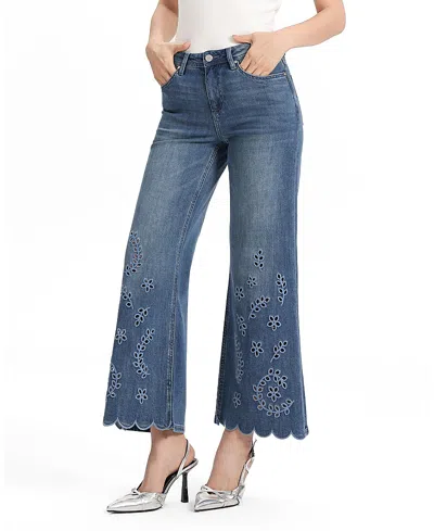 Bayeas Vine Embroidered Mid Rise Flare Wavy Hem Denim Jeans In Nebula In Blue