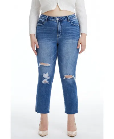 Bayeas Plus Size High Rise Slim Straight Jeans With Raw Hem In Amy Blue