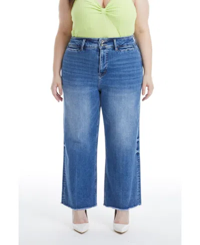 Bayeas Plus Size High Rise Wide Leg Jeans With Raw Hem In Medium Blue