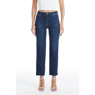 Bayeas Women's Mid Rise Straight Jeans Raw Edge In Dark Blue