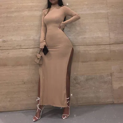Bayshore Body Con Long Sleeve Dress In Tan In Brown
