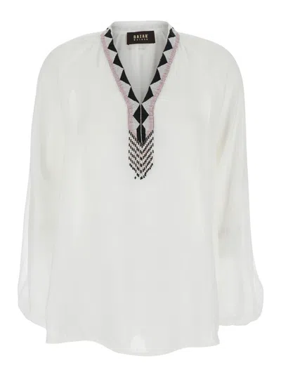 Bazar Deluxe Beaded V-neck Shirt In White