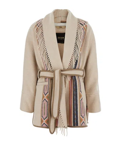 Bazar Deluxe Belted Patterned Fringe Coat In Brown