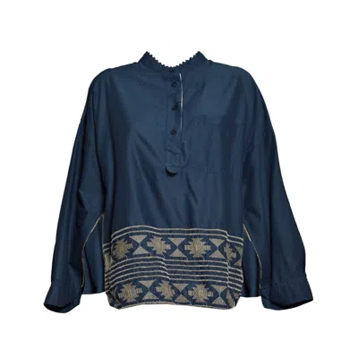 Bazar Deluxe Blue Cotton Shirt With Embroidery And Sequins