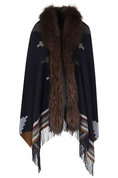Bazar Deluxe Blue Geometric Print Faux Fur Neckline Wool Poncho In Black