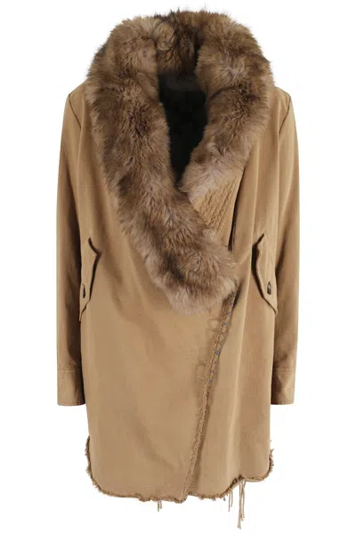 BAZAR DELUXE CAMEL WOOL-BLEND JACKET WITH DETACHABLE FUR-TRIMMED NECKLINE