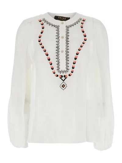 Bazar Deluxe Embroidered-neckline Ramie Glass Shirt In White