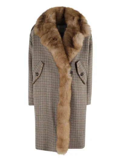 BAZAR DELUXE FAUX-FUR COLLAR HOUNDSTOOTH-PATTERN COAT