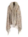 Bazar Deluxe Geometric Printed Wool Poncho With Eco Fur Collar In Neutral
