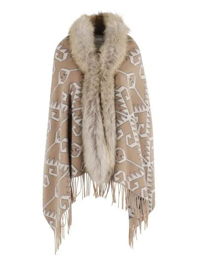 BAZAR DELUXE FAUX-FUR TRIMMED PATTERNED CAPE