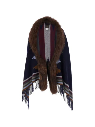 Bazar Deluxe Fur-trim Geometric-pattern Cape In Brown