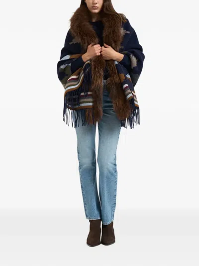 Bazar Deluxe Fur-trim Geometric-pattern Scarf In Brown