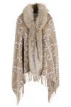 Bazar Deluxe Geometric Printed Wool Poncho With Eco Fur Collar In Neutral