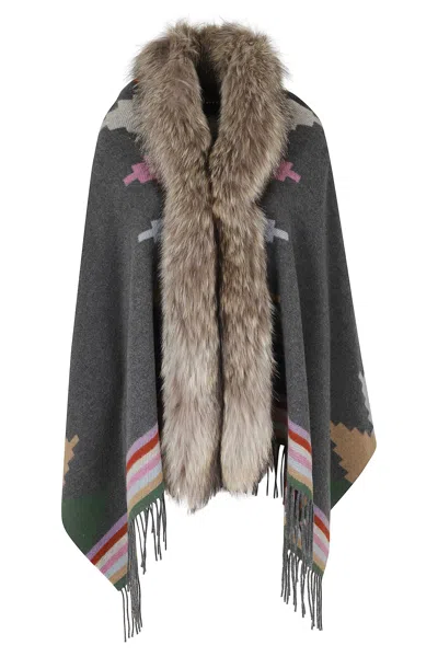 Bazar Deluxe Gray Geometric Print Faux Fur Neckline Wool Poncho In Grey