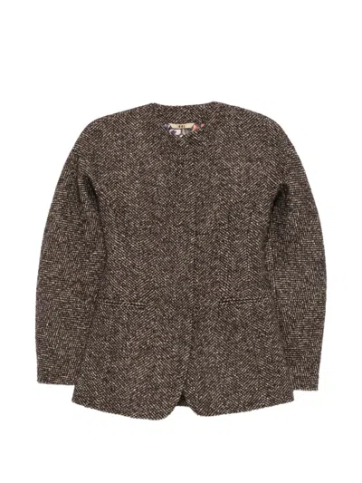 Bazar Deluxe Herringbone-pattern Collarless Jacket In Brown