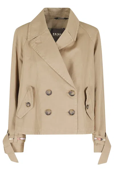 Bazar Deluxe Khaki Double-breasted Rhinestone-cuff Cotton-blend Blazer In Multi
