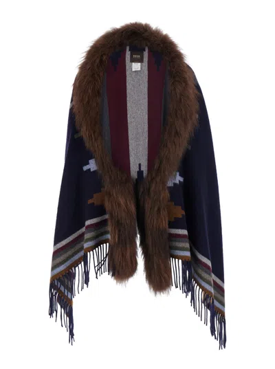 Bazar Deluxe Navajo-inspired With Eco-fur Trim Shawl In Navy