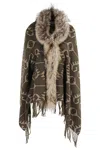 Bazar Deluxe Printed Wool Poncho With Eco Fur Neckline In Brown