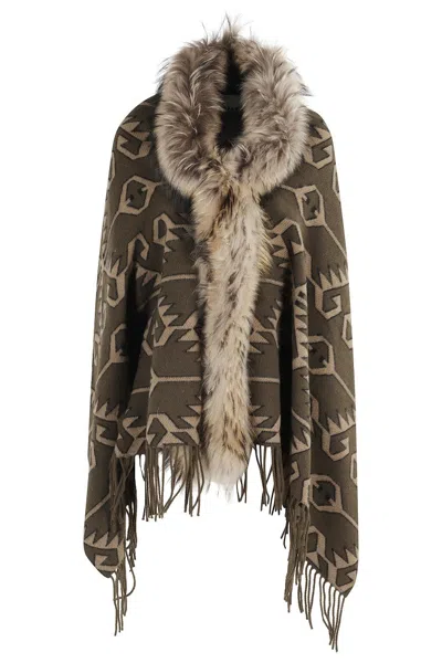 BAZAR DELUXE PRINTED WOOL PONCHO WITH ECO FUR NECKLINE