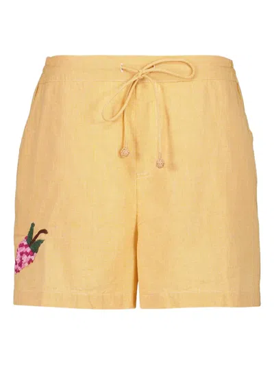 Baziszt Anab Embroidered-fruit Drawstring Shorts In Yellow
