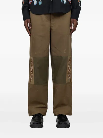 Baziszt Asher Floral-embroidered Patched Trousers In Brown