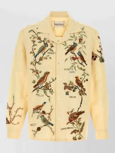 Baziszt Avian Cotton Blend Shirt Embroidered Design Long Sleeves In Yellow