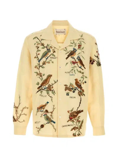 Baziszt Avian Cotton Blend Shirt Embroidered Design Long Sleeves In Yellow