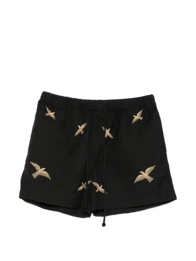 Baziszt Bird-embroidered Drawstring Shorts In Black