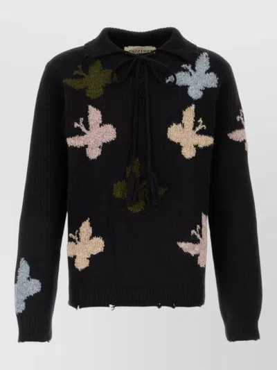 Baziszt Bowrain Alpaca Blend Sweater Butterfly Pattern In Black