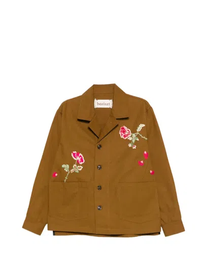 Baziszt Button-closure Floral Embroidered Long Sleeve Jacket For Men In Brown