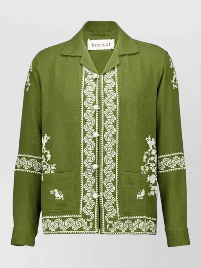 Baziszt Camp Collar Embroidered Long Sleeve Shirt Jacket In Green