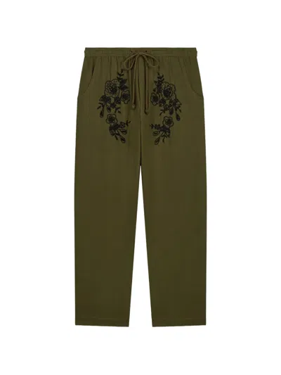 Baziszt Celeste Floral-embroidered Straight-leg Trousers In Green